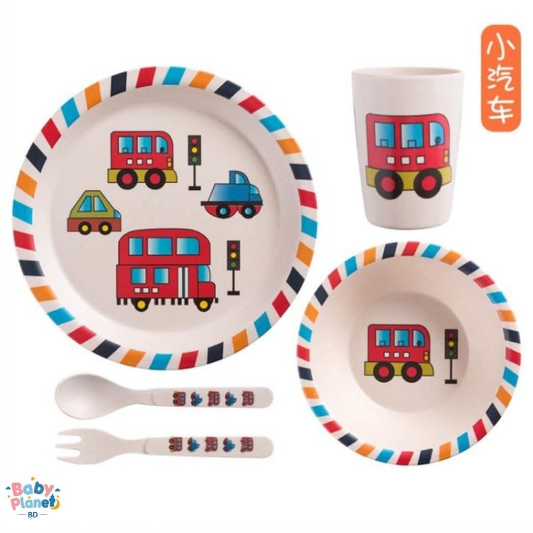 Premium Kids Bamboo Tableware Dinner Set of 5 - Eco-Friendly Cartoon Vehicle Theme
